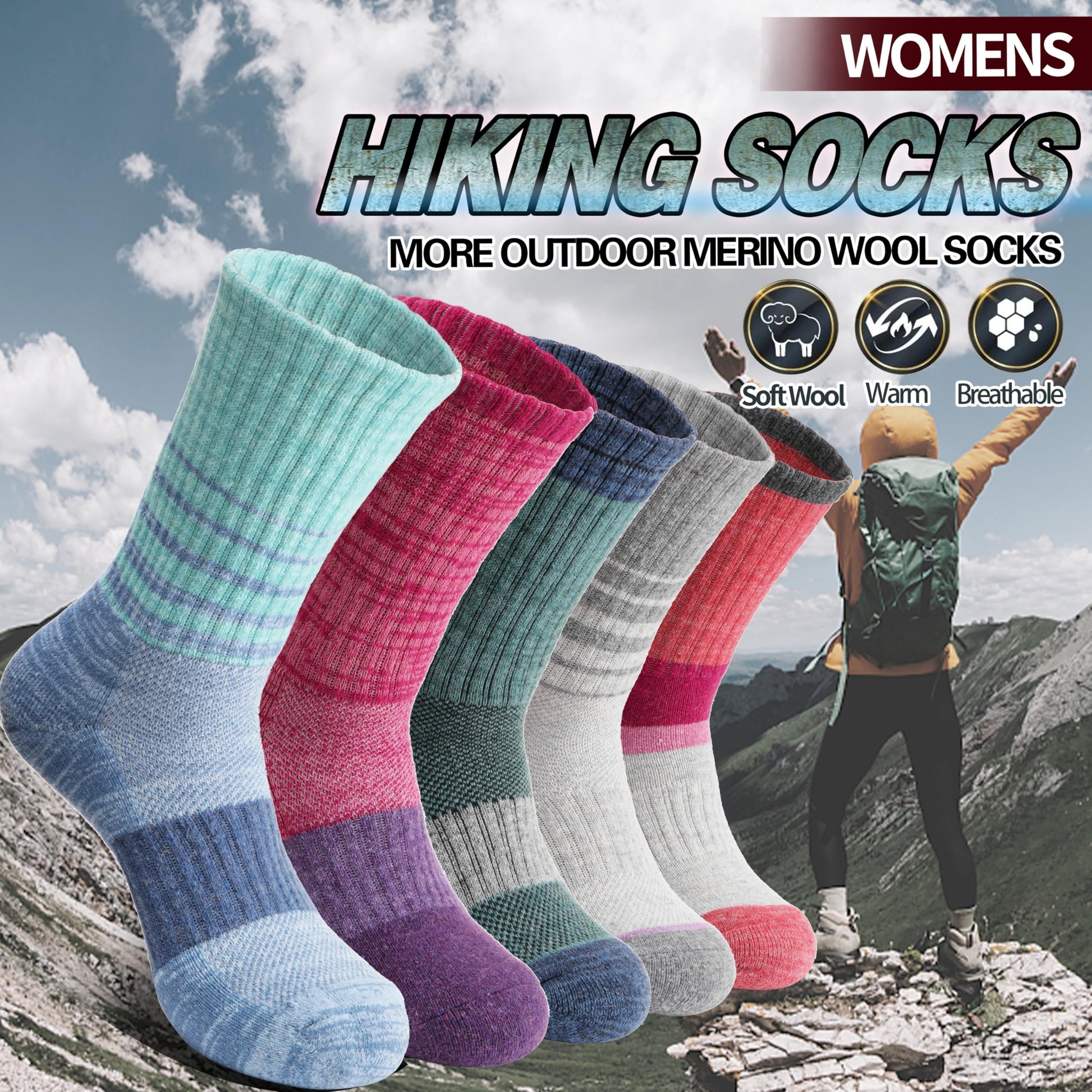 Anlisim Merino Wool Hiking Running Socks for Women, Boot Work Crew Socks