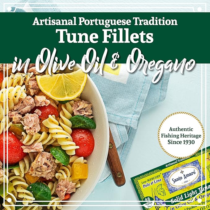 Santo Amaro - Artisanal Wild Tuna Fillets in Olive Oil & Oregano, Pole & Line Caught Tuna from Portugal, Hand-Packed Athens-Style Canned Tuna Fish, 22g Protein, Paleo, Keto, Low Mercury, Pack of 3
