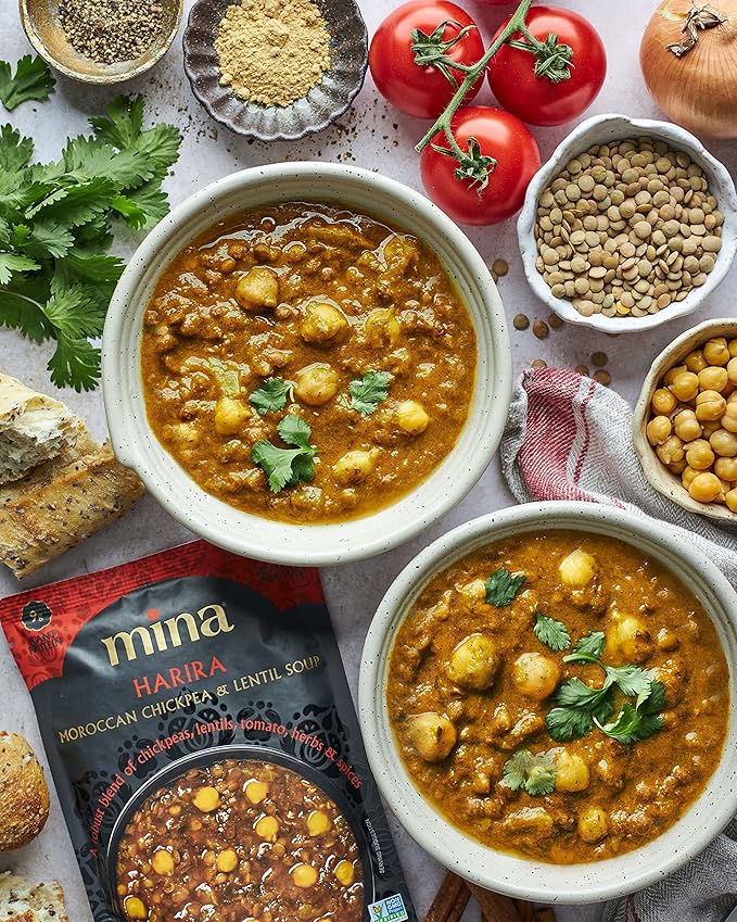 Mina Harira, Moroccan Chickpea & Lentil Soup, Ready to Eat Meals,10 oz Gluten Free Soup, High In Plant Based Protein, Microwavable Soup, Vegan, Non-GMO, Packaged Meals & Side Dishes (Pack of 6)