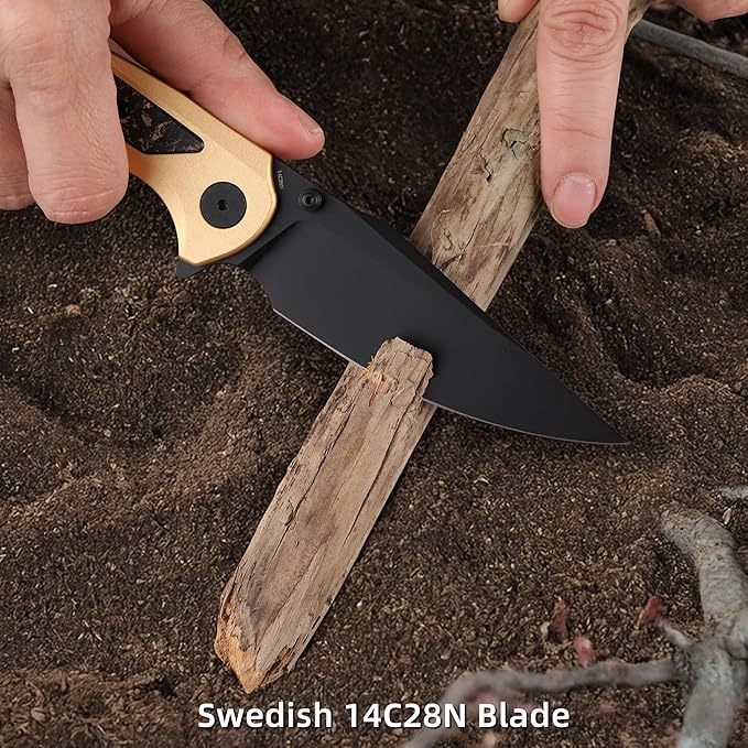 EDC Pocket Knife, 3.6" 14C28N Clip Point Folding Knife, Aluminium With Steel Inlay Handle and Liner Lock, Camping Hiking Hunting Outdoor Knives