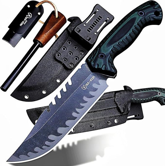 BA-KOR 12.4in Full Tang Fixed Blade Hunting Knife ??6mm 9CR18MoV Steel, G10 Handle, Stonewashed Sawback Blade with Kydex Sheath & Fire Starter for Outdoor, Camping, Survival (Green and black stripes)