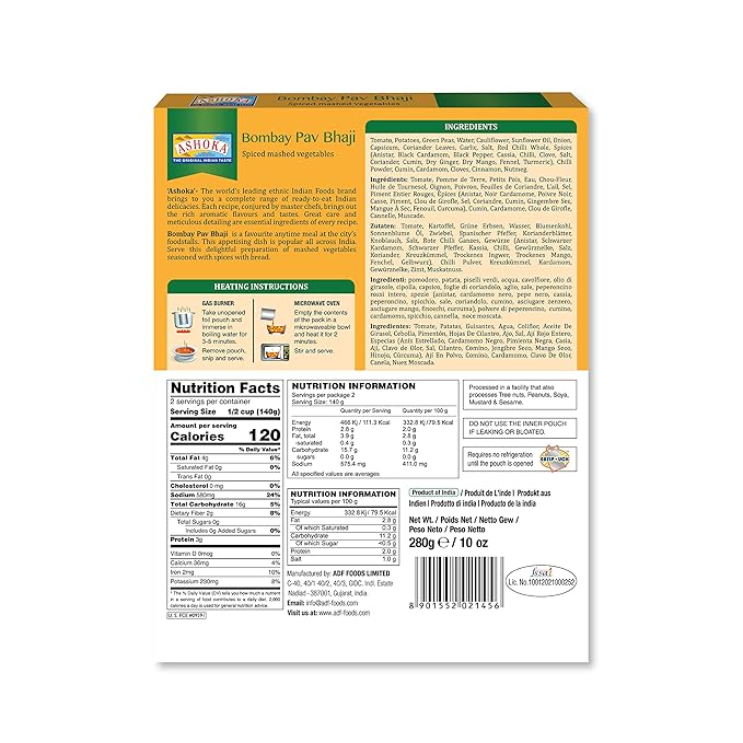 Ashoka Traditional Meals 1932, Vegan Mashed Vegetable Instant Curry, All-Natural, Ready to Eat Microwavable Meals, Bombay Pav Bhaji, Kosher Certified, Great for Hiking, No Preservatives, Pack of 10