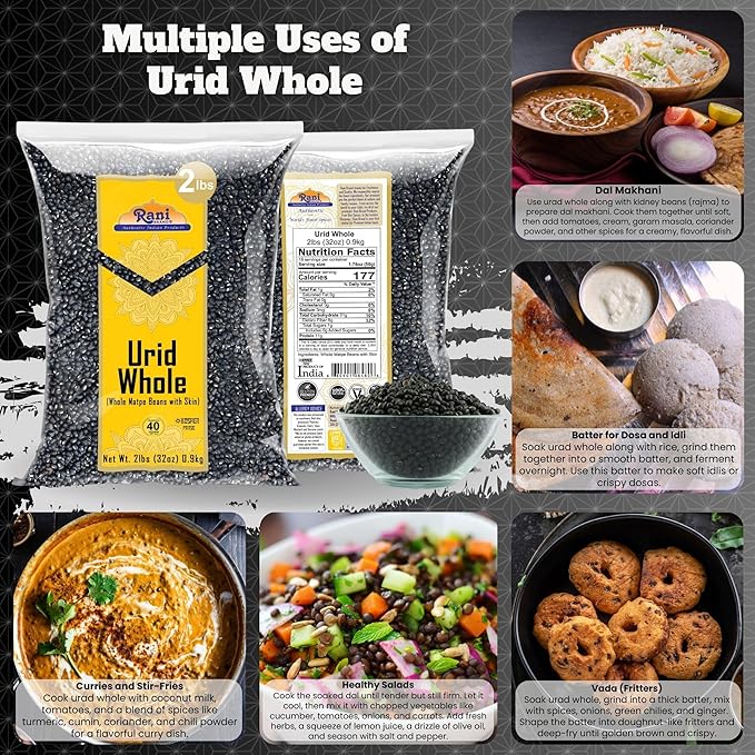 Rani Urid/Urad Whole Black (Matpe Beans with Skin) Indian Lentils 32oz (2lbs) 908g ~ All Natural | Gluten Friendly | Non-GMO | Kosher | Vegan | Indian Origin