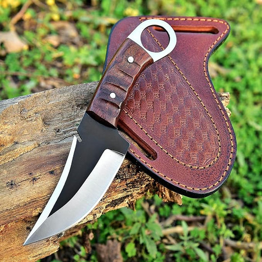 Bushcraft Survival Knife 1095 Steel Fixed Blade outdoor - Pakka Wood Handle - Pancake Leather Sheath - Traditional Field for Camping Fishing Hunting Men & Women EDC Knife to Carry on Belt (wood)