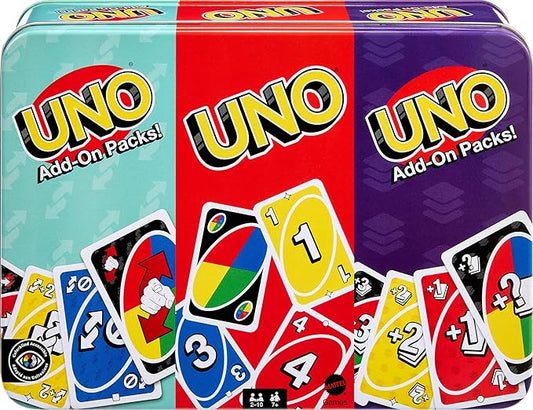 Mattel Games UNO Card Game with 2 Add On Packs & Collectible Tin for Kids, Adults & Family Game Night. 2 to 10 Players