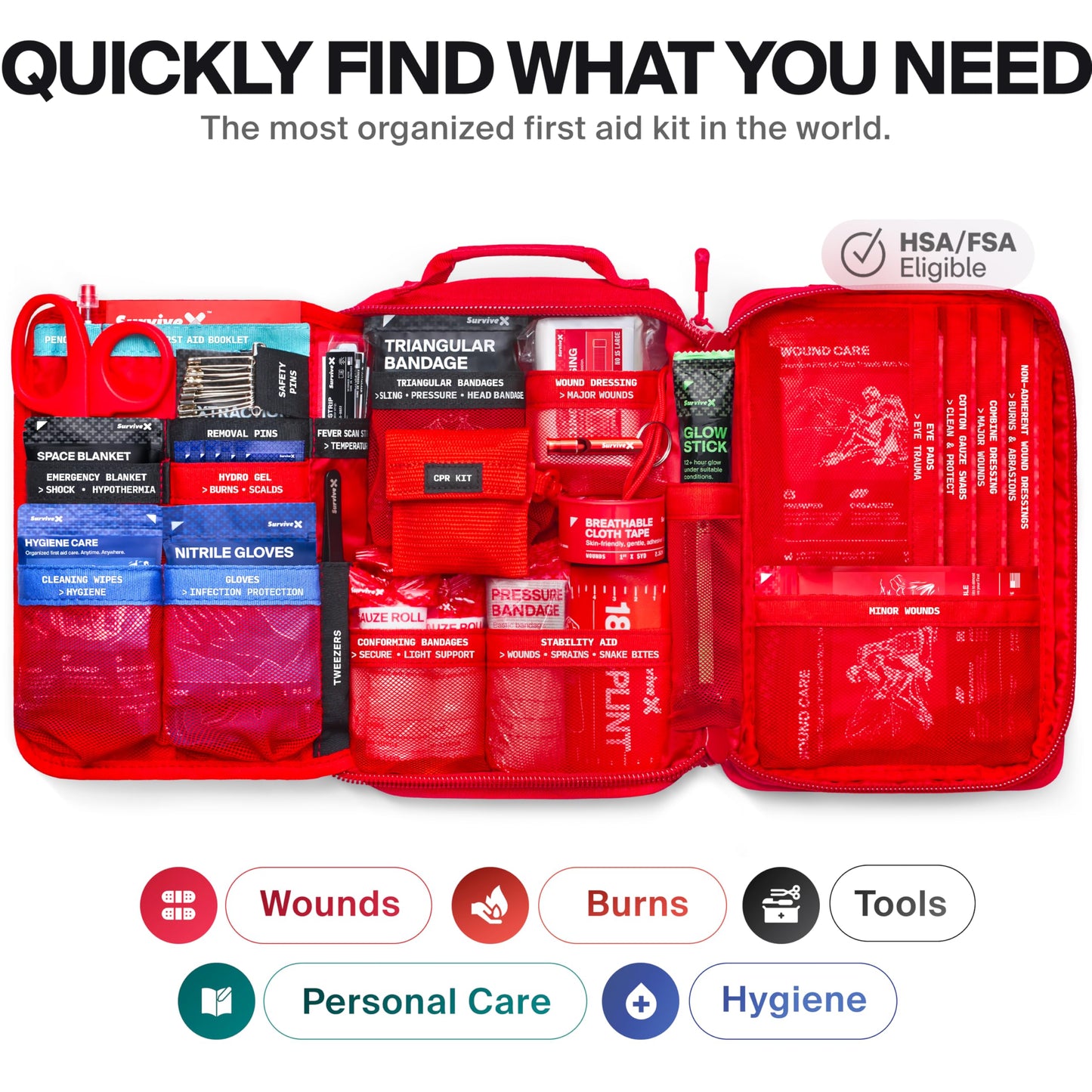 SurviveX Large First Aid Kit, Labeled Pockets, Zip Stitch Wound Closures