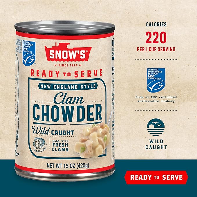 Snow's New England Clam Chowder, 15 oz Can - 13g Protein per Serving - Ready-to-Serve Authentic New England Style Recipe