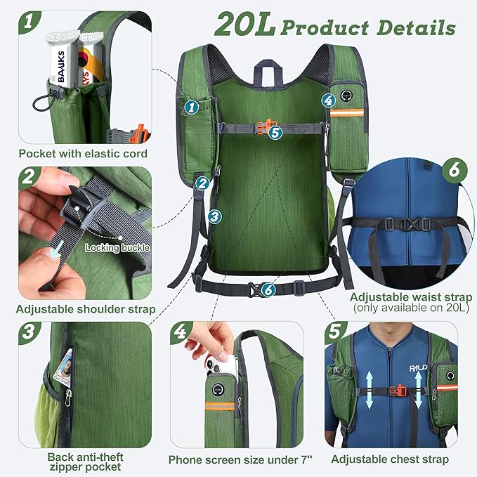 20L Small Hiking Backpack for Men Women Foldable Packable Back Pack Ultralight Hiking Daypack for Travel Camping Outdoor, Olive Green