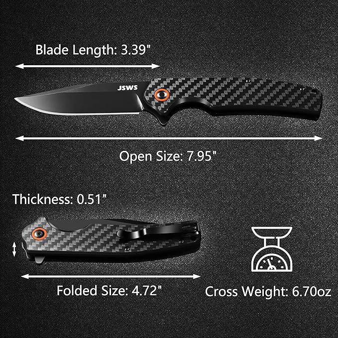 Folding Tactical Pocket Knife Lightweight Carbon Fiber Handle D2 Stainless Steel Blade with Liner Lock 3.38'' EDC Knife is Perfect for Camping Fishing Hiking Survival Makes a Great Gift