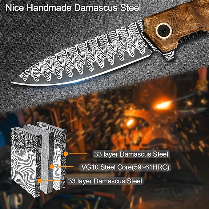 VNLA Damascus Folding Pocket Knife,Handmade knife,Forged Damascus Steel Blade,handle made of maple Wood leaf.with Reversible Pocket Clip,Suitable for Hiking carry EDC