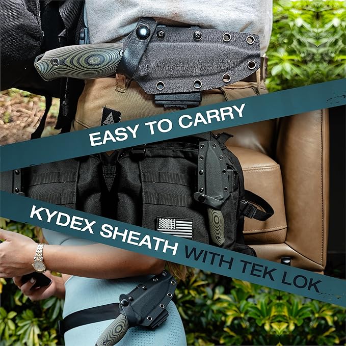 Fixed Blade Knife with Kydex Sheath, 4" Blade 1095 High Carbon Steel Knife with G-10 Tang for Bushcraft, Camping, Hunting & Survival.