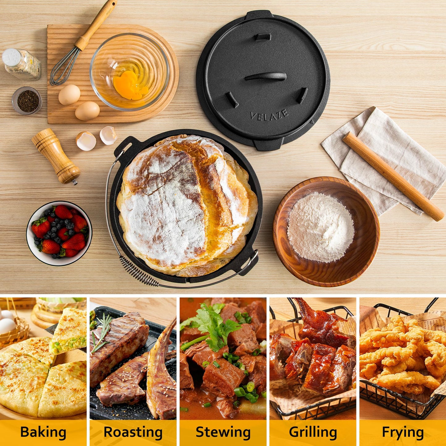 Velaze 10 QT Pre-Seasoned Cast Iron Camping Dutch Oven Pot with Lid