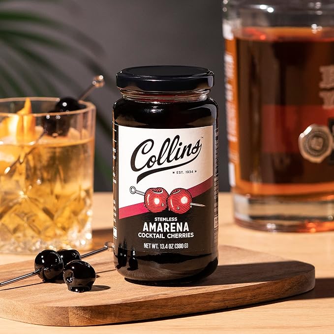 Collins Amarena Cherries in Syrup | Premium Garnish for Cocktails, Martinis, Old Fashioned, Manhattan, Chocolate, Dessert, Bourbon Accessories, 13.5oz