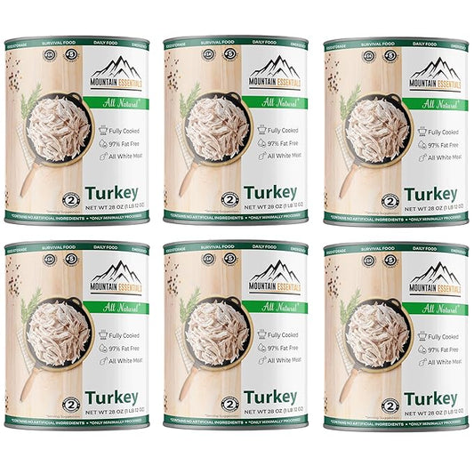 MOUNTAIN ESSENTIALS All Natural Canned Turkey 28 Oz – Fully Cooked, Ready to Eat White Meat – Pantry Staple for Daily Meals, Emergency, Survival & Camping – 5-Year Shelf Life – Made in USA – 6 Pack