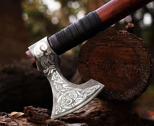Viking Axe | 18" Carbon Steel Throwing Hatchet with Ash Wood Handle & Leather Sheath | Etched Norse Design, Functional & Collectible Gift(WCA-017)