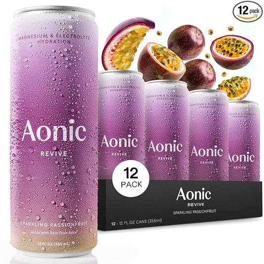 Aonic Revive Sparkling Passionfruit ??Electrolyte Hydration with Magnesium + Potassium, Delicious Taste, Real Fruit Juice, 12oz (12 Pack)