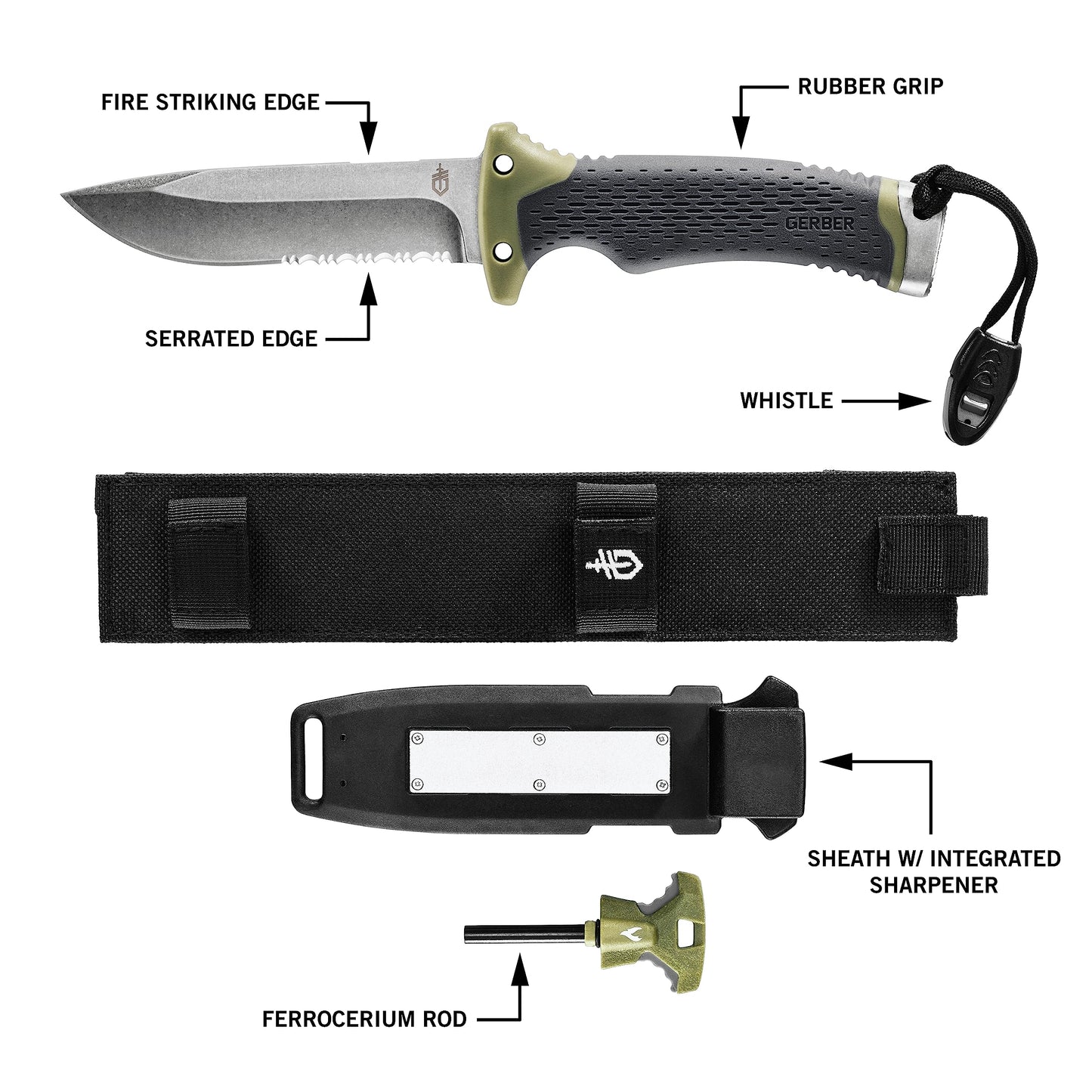 Gerber Ultimate Fixed Blade Knife w/Sheath, Knife Sharpener, Ferro Rod