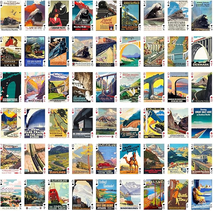 Travel by Train Playing Cards (Poker Deck 54 Cards All Different) Vintage European American Railway Travel Posters Retro Adverts Steam Train Loco