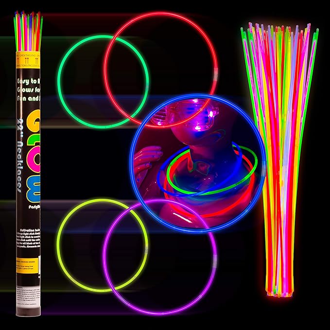 Crown Display Glow Sticks Party Package Includes 100 X 22 Glow in The Dark Necklaces & 100 X 8 Light Up Bracelets Comes in A Variety of Colors & Added Bonus Connectors