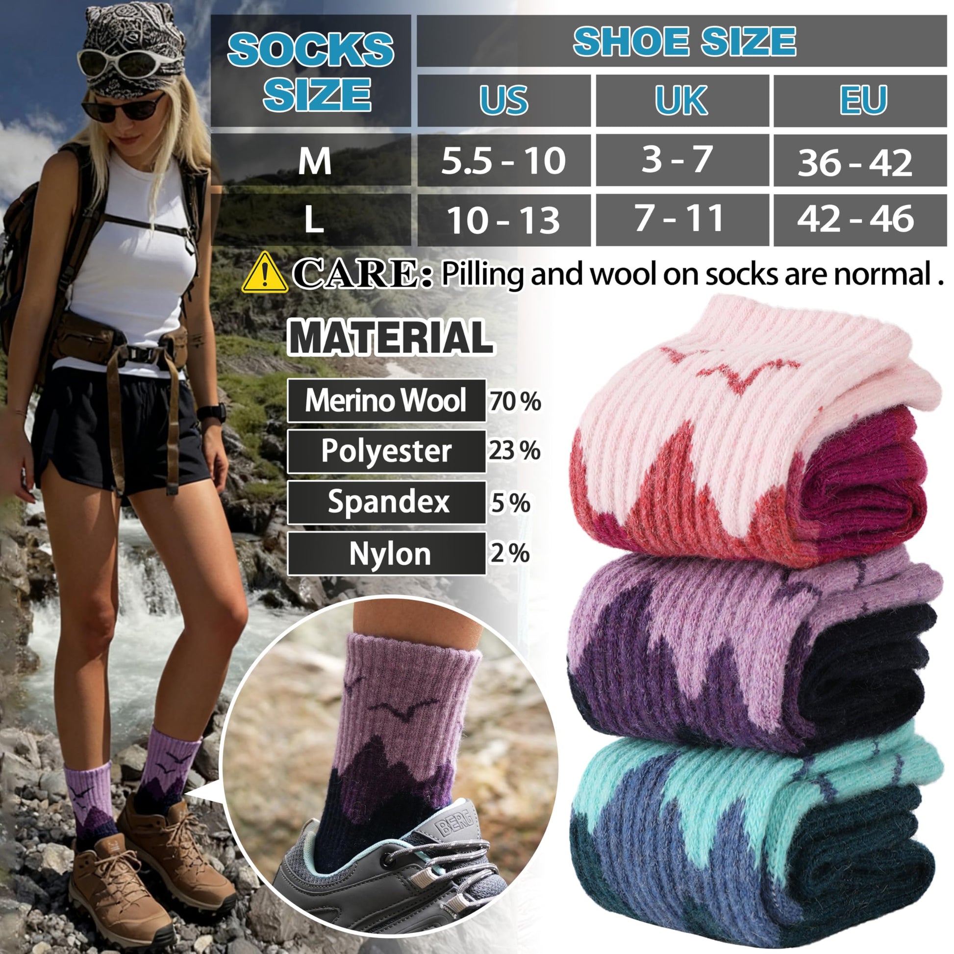 EBMORE Womens Merino Wool Hiking Socks Thermal Warm Winter Boot Crew Cushion Work Gift Socks 5