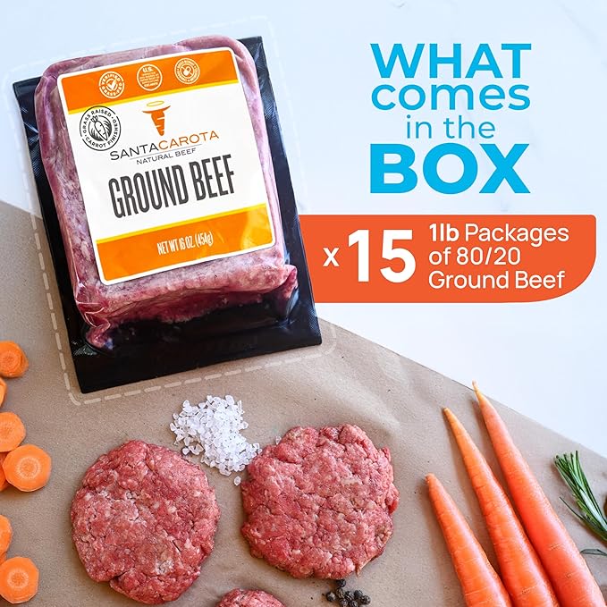 Santa Carota Grass Fed Ground Beef 80% Lean / 20% Fat, Carrot-Finished, Grass-Raised, Bulk Hamburger Meat | Perfect for Burgers, Family Pack Frozen Food (15-1lb packages)