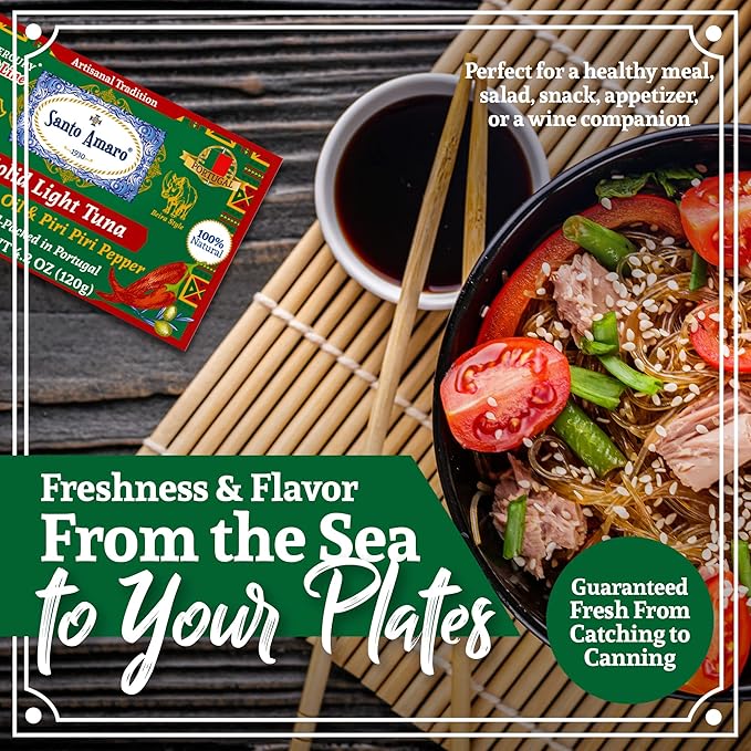 Santo Amaro - Artisanal Wild Tuna Fillets in Olive Oil & Red Piri Piri Pepper, Pole & Line Caught Tuna from Portugal, Hand-Packed Beira-Style Canned Tuna Fish, 22g Protein Keto, Low Mercury, Pack of 3