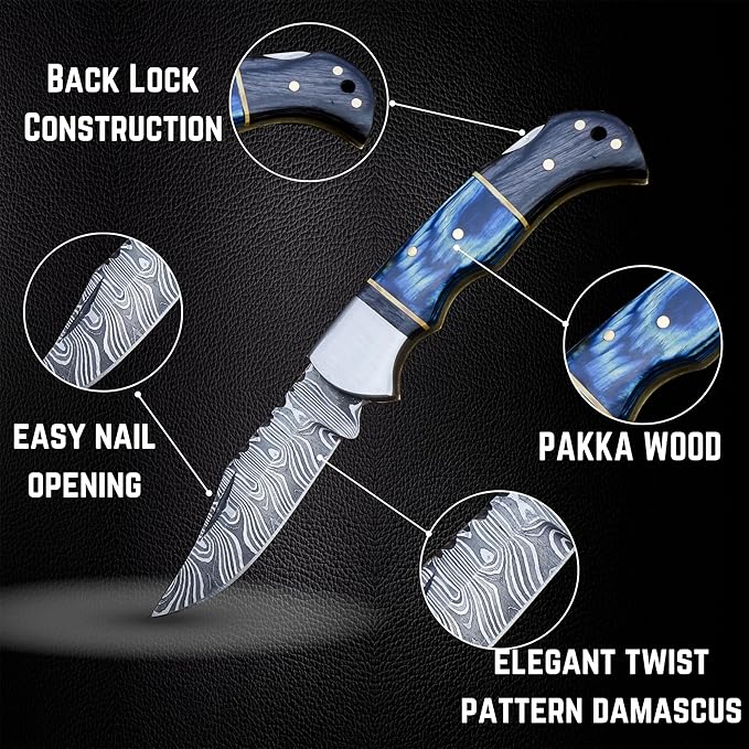 Handmade Damascus Pocket Knife for Men - 6.5 Inches Damascus Folding Pocket Knife with Clip Belt Holster Sheath - Pocket Knives & Folding Knives with Back Lock - EDC Knife Pocket.(Blue with Clip)