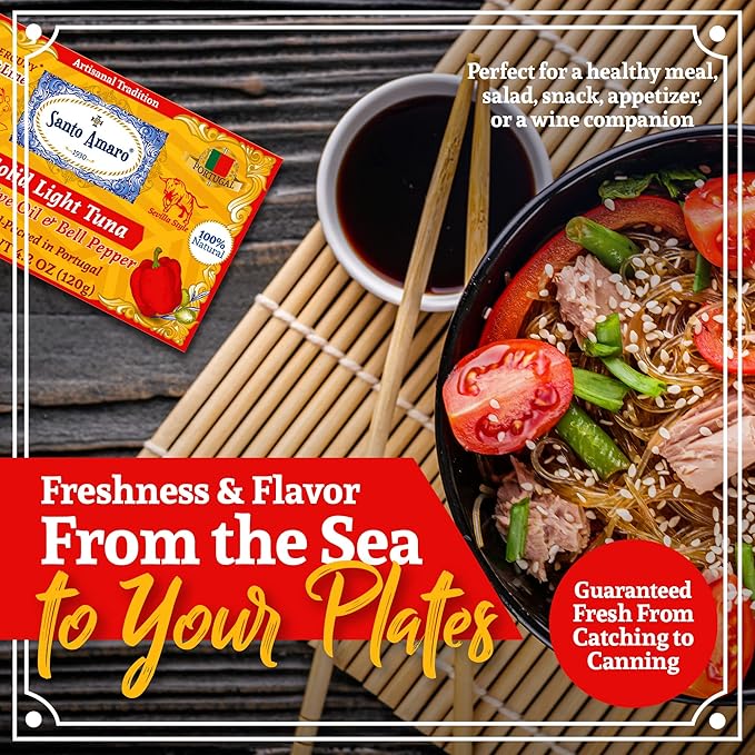 Santo Amaro - Artisanal Wild Tuna Fillets in Olive Oil & Red Bell Pepper, Pole & Line Caught Tuna from Portugal, Hand-Packed Sevilla-Style Canned Tuna Fish, 22g Protein, Keto, Low Mercury, Pack of 3