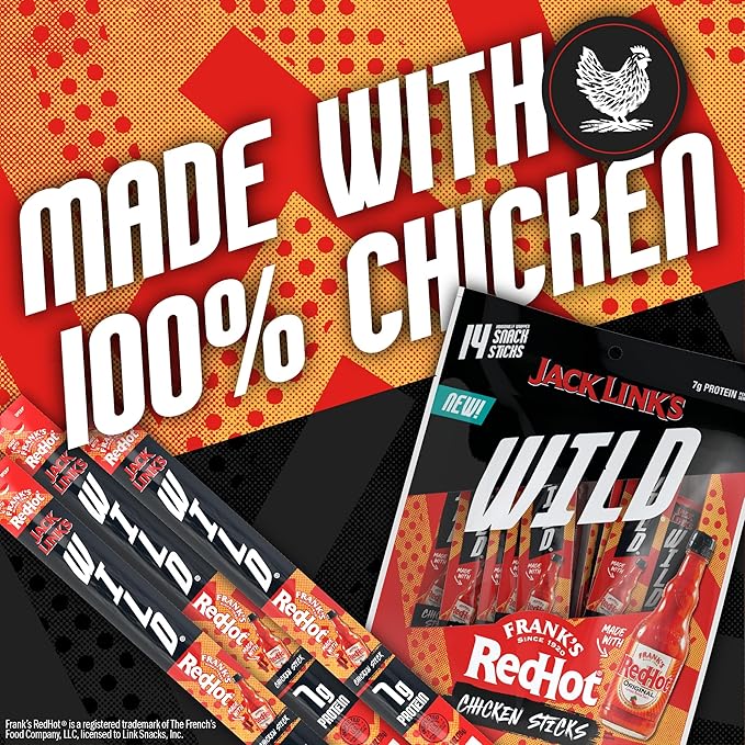 Jack Link's Wild Mini Chicken Sticks Made with Frank's RedHot Flavor – 7g of Protein Snacks, On The Go Snacking, Keto & Paleo Snack, Carnivore Diet Ready, Individually Wrapped – 0.5 Oz. (14 Count)