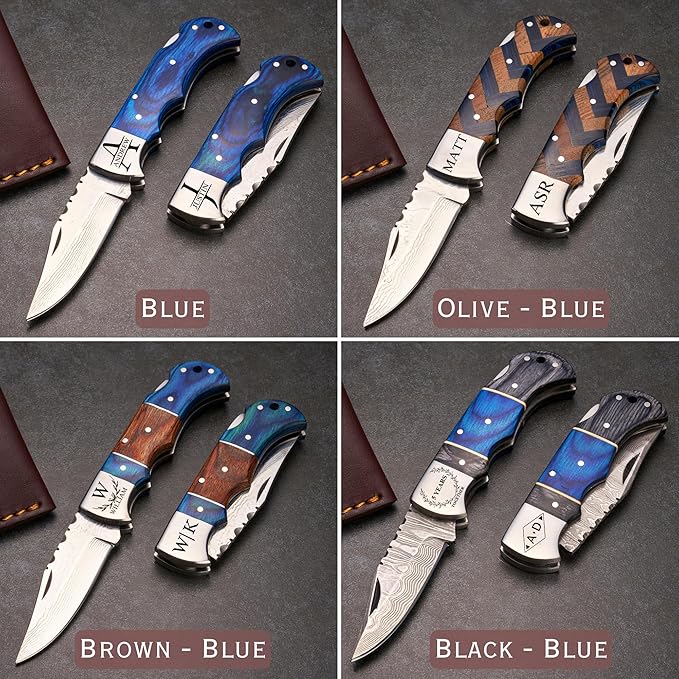 Personalized Folding Knife, Damascus Black Blue Pocket Knife, Gift for Boyfriend, Husband, Dad, Son, Groomsman, Unique Folding Blade, Birthday or Anniversary Present, Christmas Gift