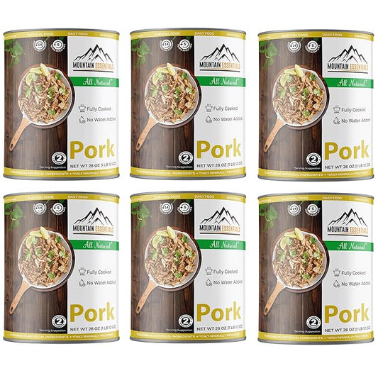 MOUNTAIN ESSENTIALS Canned Pork 28 Oz – Fully Cooked, Ready to Eat – Pantry Staple Canned Meat for Everyday Meals, Emergency Survival & Bulk Food Storage – 5-Year Shelf Life – Made in USA – 6 Pack