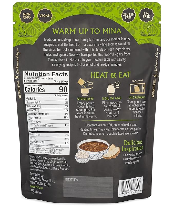 Mina Moroccan Lentils, Ready to Eat, Lentils High In Plant Based Protein, Vegan, Non-GMO, Gluten Free, Kosher, Microwavable, Packaged Meals & Side Dishes, 10 oz (Pack of 6)