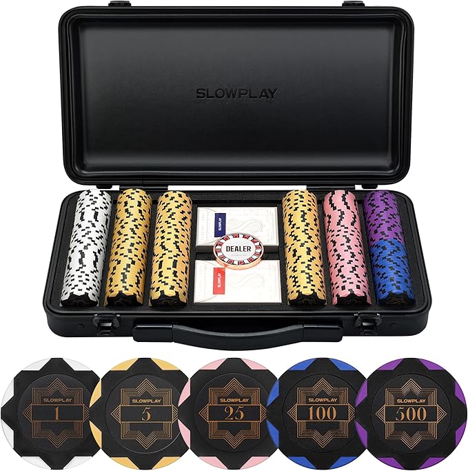 SLOWPLAY Nash 14g Clay Poker Chip Set Black Gold Edition??300PCS Full Set for Texas Hold?™em | Numbered Chips: 1, 5, 25, 100, 500 | Premium Case with Durable German Polycarbonate Shell