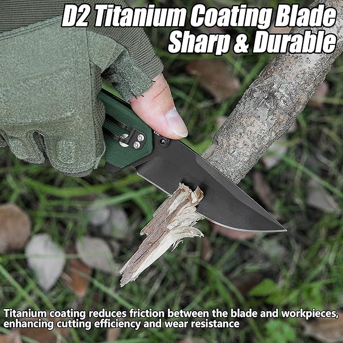 FLISSA Pocket Folding Knife, 3.2??D2 Blade G10 Handle EDC Knife with Pocket Clip Liner Lock for Hunting, Camping, Survival, Outdoor Activities(Green)