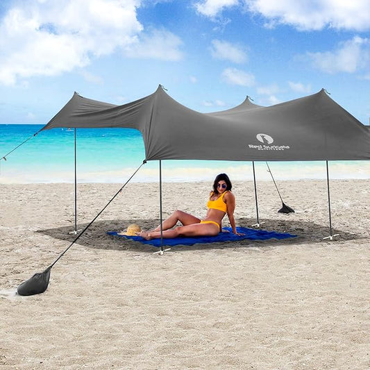 Red Suricata Family Beach Parasol - Sun Shade Canopy | UPF 50 UV Protection | Tent with 4 Aluminium Poles, 4 Pole Anchors, 4 Sandbag Anchors | Large & Portable Shelter Tarp