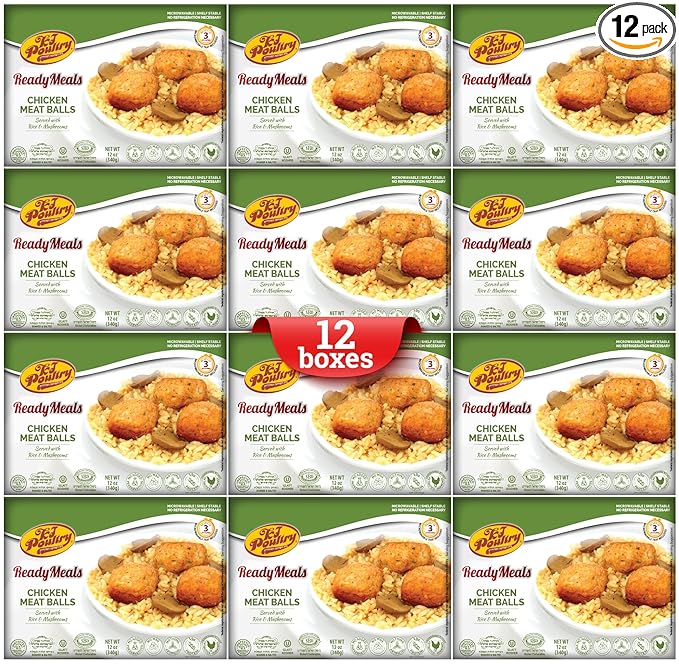 KJ Poultry Kosher Ready Meals - Chicken Meat Balls & Mushrooms, MRE Meat Meals Ready to Eat, Halal, (12 Pack) Prepared Entree Fully Cooked, Shelf Stable Microwave Dinner, Travel, Military, Camping