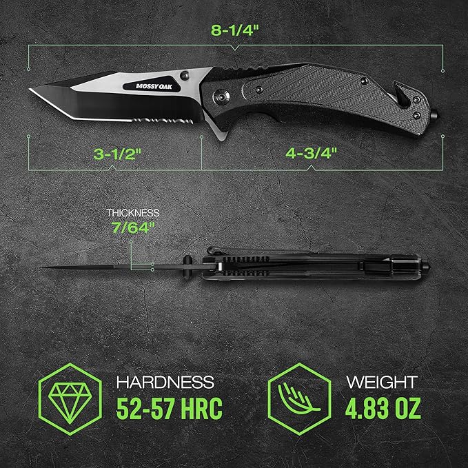 MOSSY OAK Folding Pocket Knife with Aluminium Alloy & G10 Handle, 4.75" Tactical Knife with Tungsten Steel Glass Breaker, Seatbelt Cutter, Belt Clip, Survival Knife for Emergency, Outdoor, Camping
