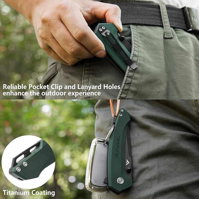 FLISSA Pocket Folding Knife, 3.2??D2 Blade G10 Handle EDC Knife with Pocket Clip Liner Lock for Hunting, Camping, Survival, Outdoor Activities(Green)