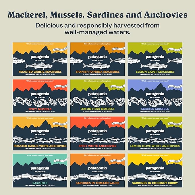 Patagonia Provisions Tinned Fish Variety Bundle | (1) Smoked Mussels, (1) Lemon Caper Mackerel, (1) Coconut Curry Sardine, (1) Lemon Olive Anchovy