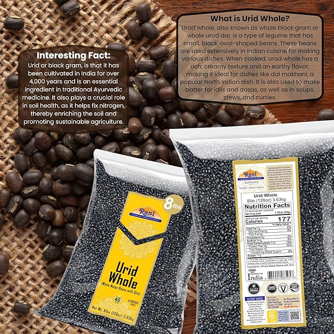 Rani Urid/Urad Whole Black (Matpe Beans with Skin) Indian Lentils 128oz (8lbs) 3.63kg Bulk ~ All Natural | Gluten Friendly | Non-GMO | Kosher | Vegan | Indian Origin