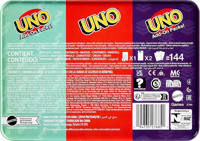 Mattel Games UNO Card Game with 2 Add On Packs & Collectible Tin for Kids, Adults & Family Game Night. 2 to 10 Players