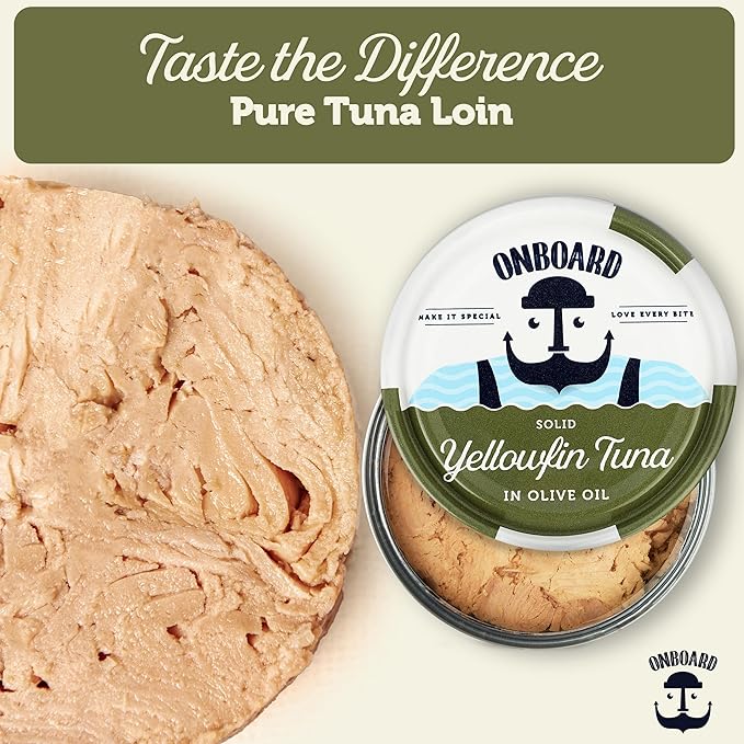ONBOARD Premium Yellowfin Tuna in Olive Oil - 12 Pack Solid Light 5 Oz Cans Sustainably Wild Caught Canned Tuna, Non GMO, Gluten Free, Tinned Fish 24g Protein - Ingredient Rich Fish for Salad and Recipes