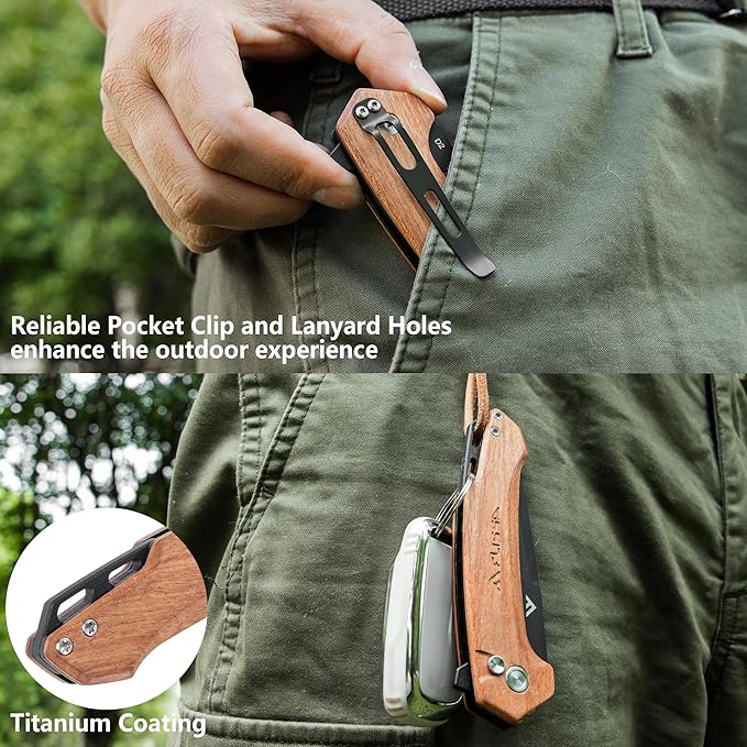 FLISSA Pocket Folding Knife, 3.2??D2 Blade Wood Handle EDC Knife with Button Lock and Pocket Clip for Hiking, Camping, Outdoor Activities