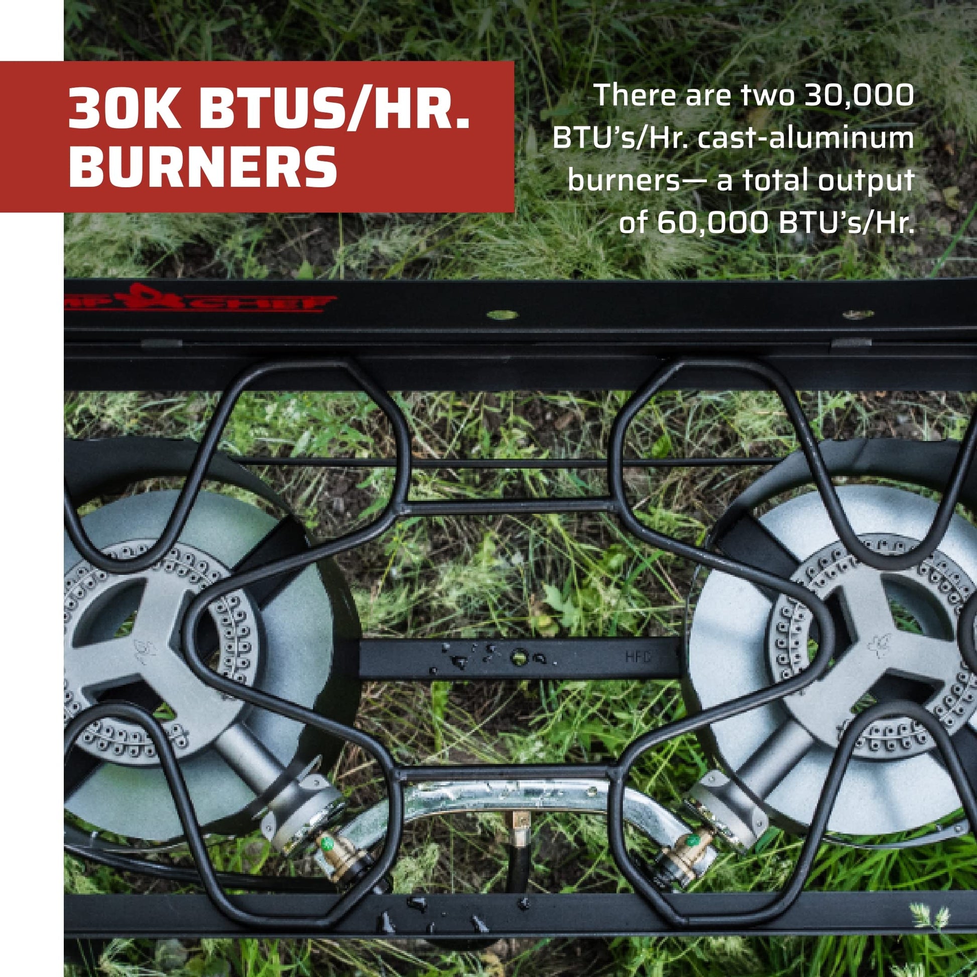 Camp Chef Explorer, Two Burner Stove, Two 30,000 BTU's cast-aluminum burners, Cooking Dimensions: