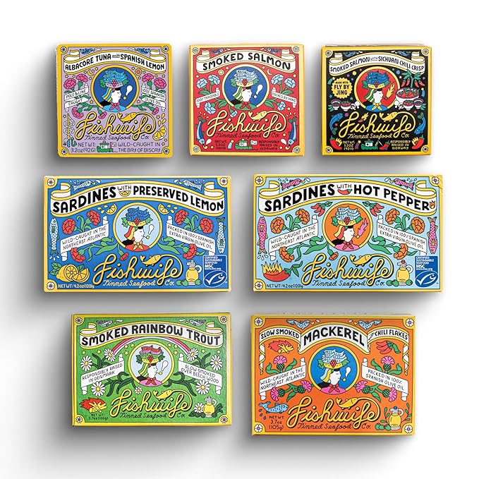 Fishwife Starter 7-Pack (Variety of Tinned Seafood including Smoked Salmon, Rainbow Trout, Sardines, Tuna & More!) | Gluten Free, High Protein, Omega-3s | Hand-Packed