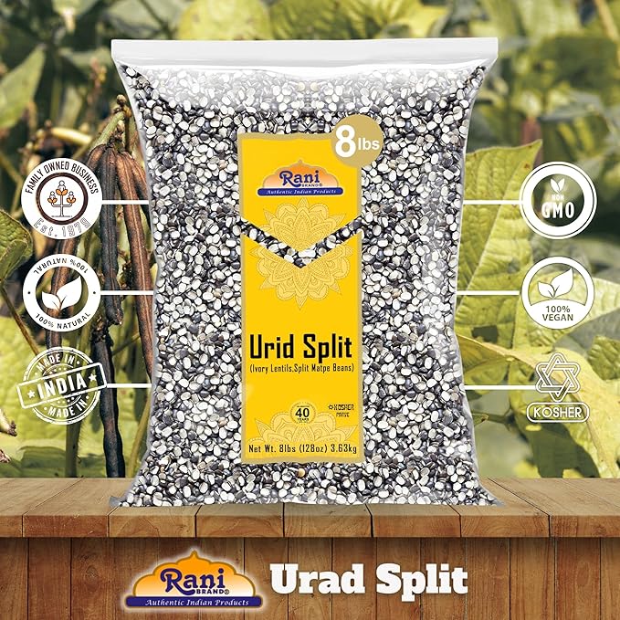 Rani Urid/Urad Split Chilka (Split Matpe Beans with Skin) Indian Lentils 128oz (8lbs) 3.63kg Bulk ~ All Natural | Gluten Friendly | Non-GMO | Kosher | Vegan | Indian Origin