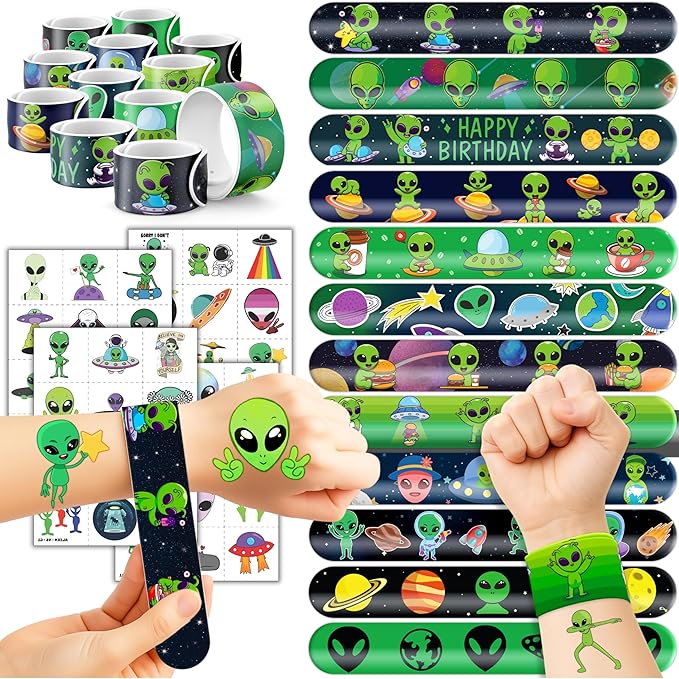 72 PCS Alien Party Favors 48 Tattoos Sticker and 24 Slap Bracelets Wristbands Perfect for Space Themed Birthday Baby Showers or Classroom Rewards Ideal Decor and Gifts for Girls and Boys