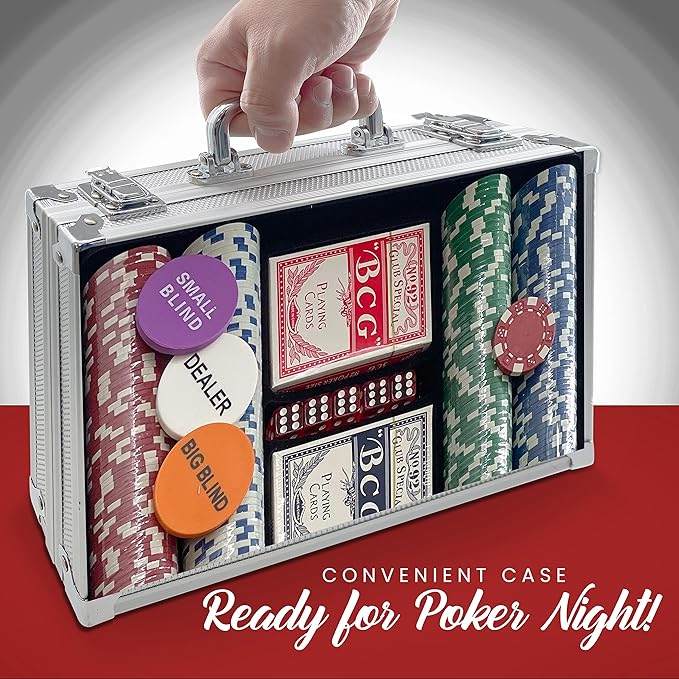 SereneLife Poker Chip Set for Texas Holdem, Blackjack Gambling- 11.5 Gram Casino Chips Set W/Aluminum Case, Playing Cards, Button, Dice- 200 PCS