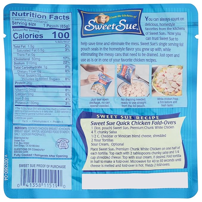 Sweet Sue Premium Chicken Breast, 3 Ounce - 20g Protein per Serving, 97% Fat Free - Gluten Free, Keto Friendly