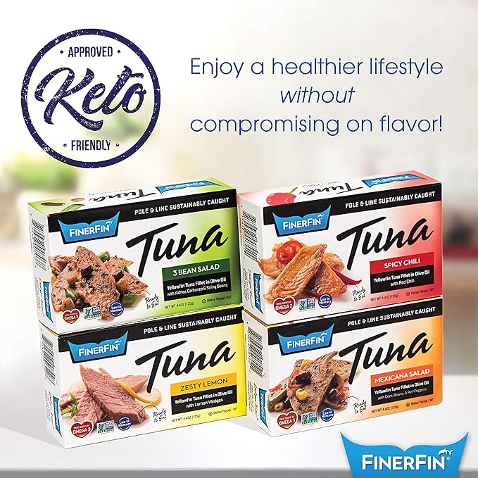 FinerFin Yellowfin Tuna Salad in Organic Olive Oil | Taster's Variety Pack | Premium Canned Tuna Fish with EVOO | Gourmet Ready-to-Eat Wild-Caught Fillets | 4.4oz can - 12 Pack
